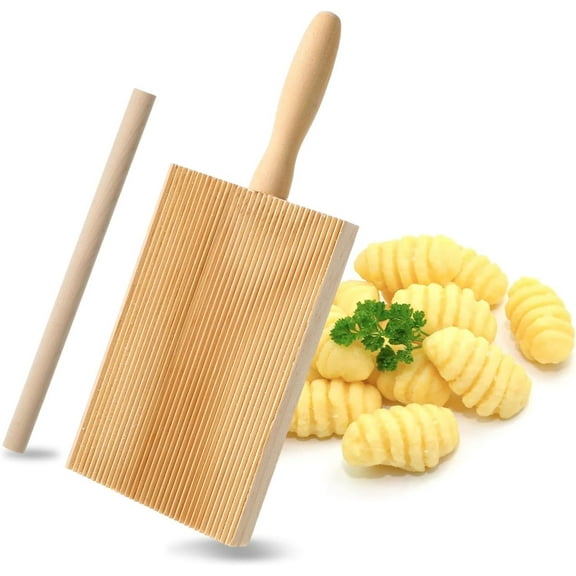 Tutuviw Gnocchi Boards & Ravioli Rolling Pin, Wood Gnocchi Pasta Making Tools, Curved Gnocchi Board Paddle Roller for Homemade Pasta for Pasta Lovers Baking, Kitchen Cutlery Gift