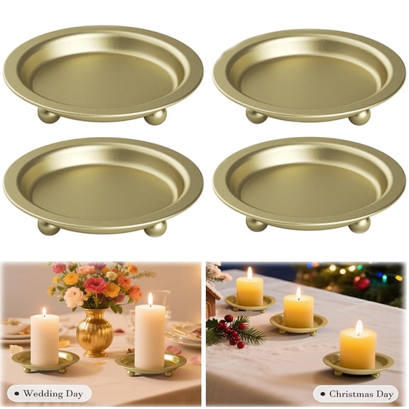 Tutuviw Gold Candle Holders for Pillar Candles 4 Pcs Metal Candle Plate Stand for Scented & LED Candles Versatile Pillar Candle Holder Decor for Living Rooms Dining Tables Weddings