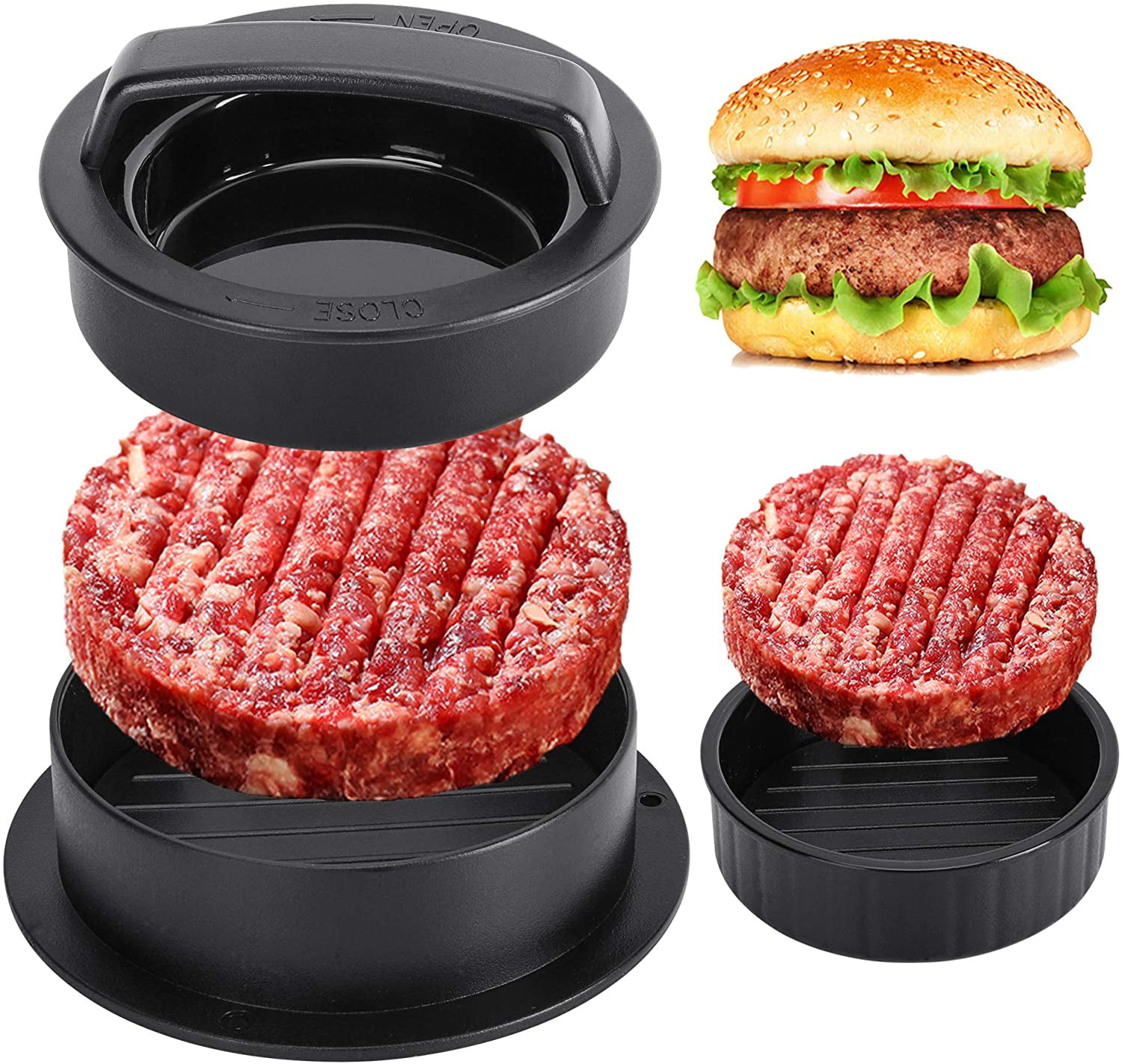 Black Non-Stick Plastic 3-in-1 Hamburger Patty Press Maker