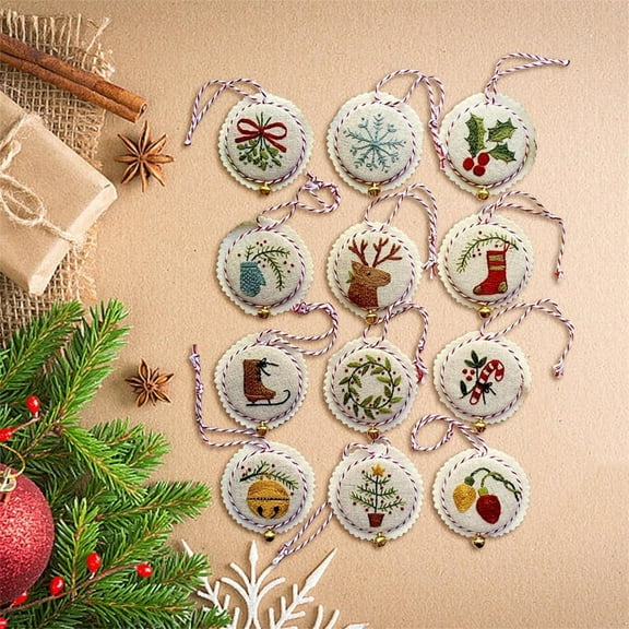 Tutuviw Handmade Embroidery Christmas Decoration Kit,12 Pcs Hand Embroidery Kit Christmas Decoration, Christmas Tree Pendant Decorations Christmas Novice Embroidery Needlepoint Starter Kit (Colorful)