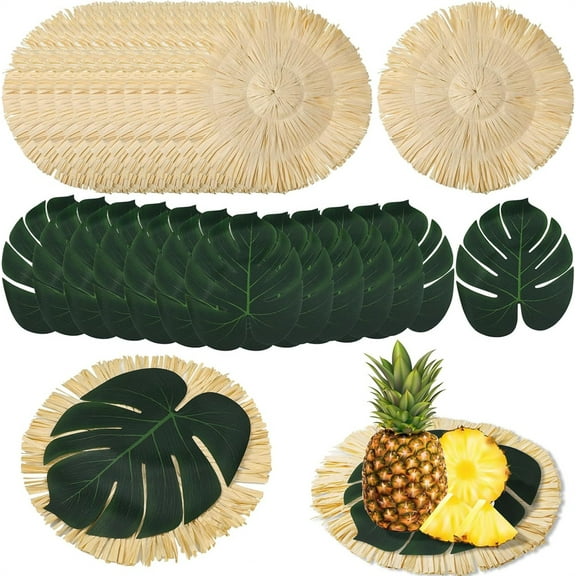 Tutuviw Hawaii Luau Placemats Include 6Pcs Round Bulrush Placemats 12 Pcs Tropical Palm Leaf Mats for Tropical Party Decor,Luau Centerpieces for Tables,Summer Hawaiian Table Placemats