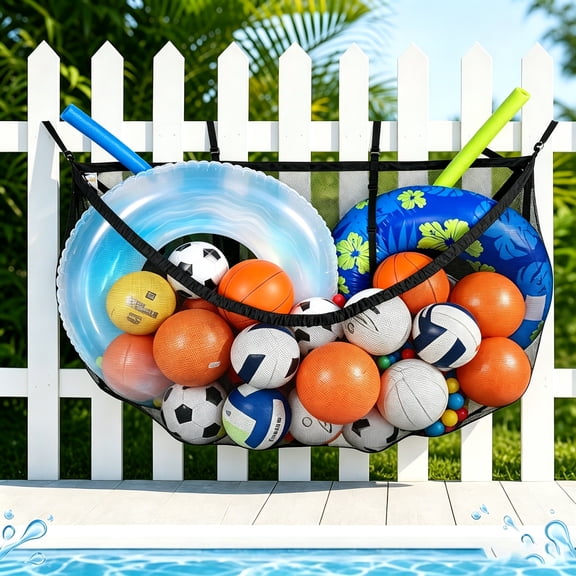 Tutuviw Pool Float Storage Bag,Heavy-Duty Pool Storage Bag,Foldable Swimming Pool Hanging Mesh Organizer Large Adjustable Net for Inflatables Balls Toys,Floats, Football, Basketballs (Black)