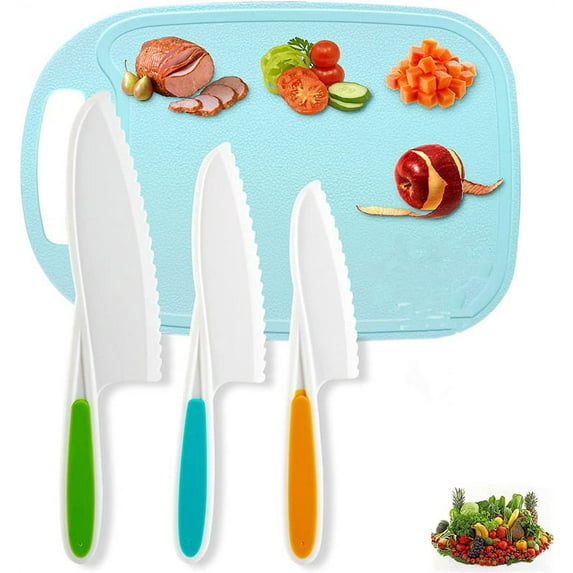 Tutuviw Kids Knifes Set,Nylon Knives Safe Baking Cutting Cooking Children's Beginners Cut Fruits Salad Veggies Cake Fun Firm Grip Serrated Edges Friendly Childrens Knife 4 Pack blue