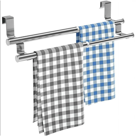 Tutuviw Kitchen Towel Holder Over Cabinet Towel Bar Rack, Expandable 2 Tier Over The Cabinet Door Towel Rack for Universal Fit on Inside or Outside of Cupboard Doors, Stainless Steel