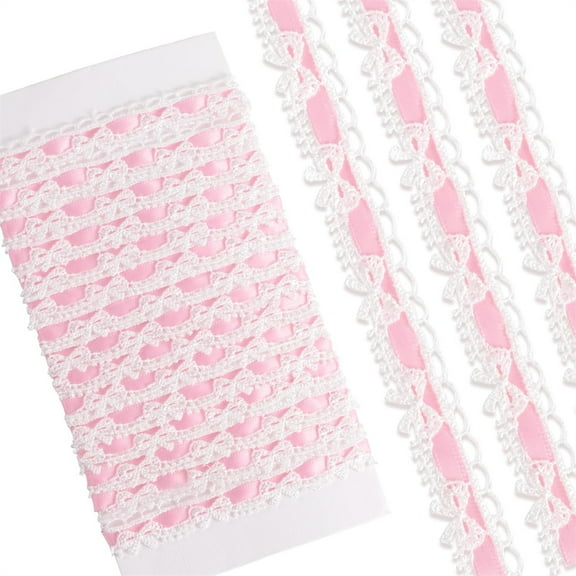 Tutuviw Lace Ribbon Pink Trim for Sewing White Ruffle Trim 0.7" Wide 10 Yards White Bow Lace Trim Delicate Sewing Trim Bow Ruffle Fabric Ribbon Sewing Supplies for DIY Bouquet Packaging Gift Wrapping