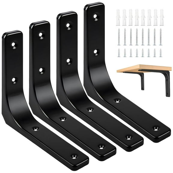 Tutuviw Metal Wall Shelf Brackets with Screws,4x4in Heavy Duty L Hanging Angle Brackets,Decorative Joint Angle Bracket,Iron Wall Bracket for Countertop Support, Corner Brace Joint, (Black,4 Pcs)