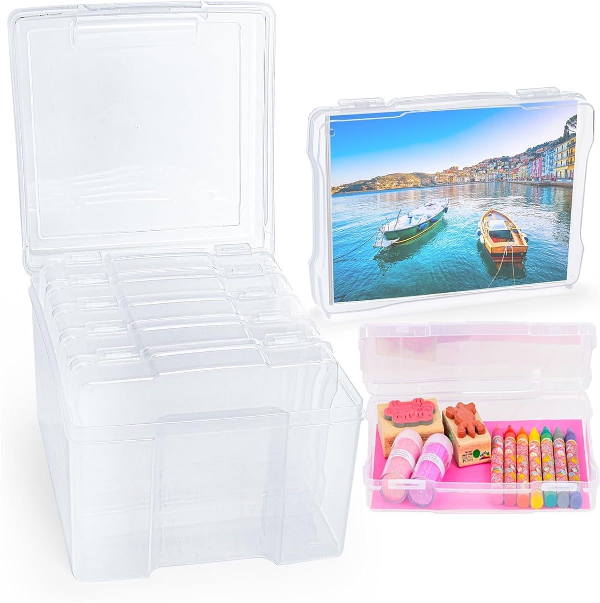 Tutuviw Photo Storage Box with 6 Inner Photo Keeper Containers, Transparent Snap-Tight Plastic Cases Clear Organizer Storage Box Greeting Card Storage & Organizer Box for Photos Crafts Office Supplies