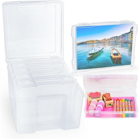 Tutuviw Photo Storage Box with 6 Inner Photo Keeper Containers, Transparent Snap-Tight Plastic Cases Clear Organizer Storage Box Greeting Card Storage & Organizer Box for Photos Crafts Office Supplies