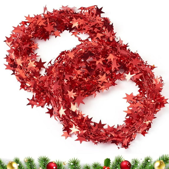 Tutuviw Red Christmas Star Tinsel Garlands with Wire 2 Rolls Shiny Star Wire Tinsel Garlands Christmas Ornament Wire Garland Used to Decorate Christmas Tree,Table,Birthday Party,Wedding
