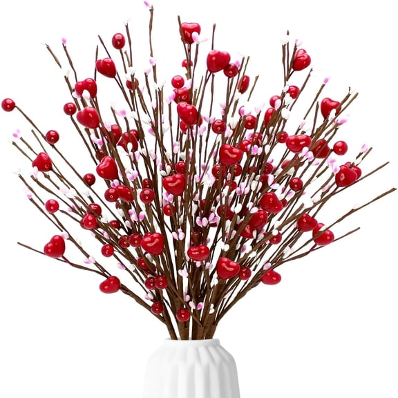 Tutuviw Red Heart Shaped Berry Picks,8 Pcs Artificial Berry Twig Flowers Stem Branches with Red Heart,Valentines Day Picks,Valentine’s Day Gifts,Fake Flowers Anniversary Wedding Home Decor