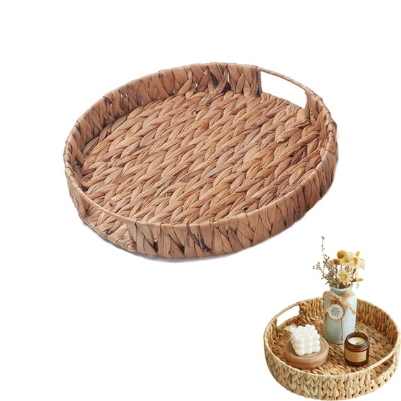 Tutuviw Round Wicker Baskets Water Hyacinth Serving Tray Round Woven with Handles Decorative Wicker Tray for Coffee Table Bathroom Living Room Kitchen (12.9x2.4in)