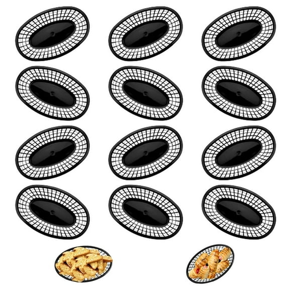 Tutuviw Set of 12 Plastic Elliptical Fast Food Basket Black-Fry Fast Food Baskets Elliptical-Shaped Tray for Fast Food Restaurant Supplies Deli Serving Chicken Burgers Sandwiches & Fries