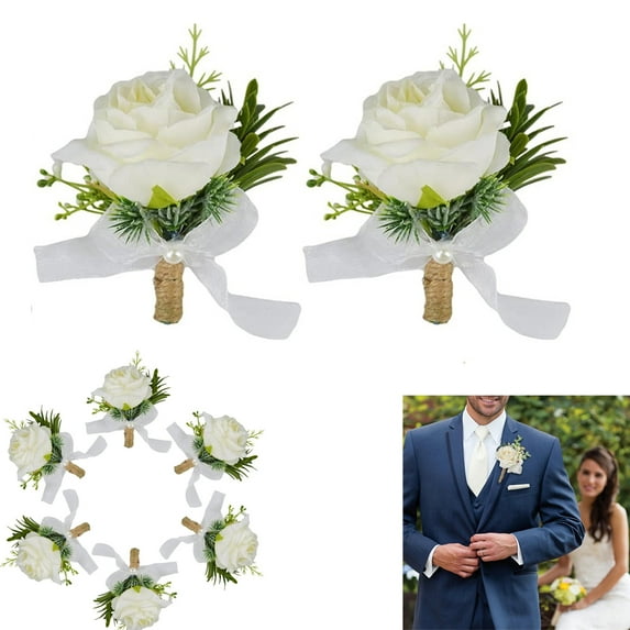 Tutuviw Set of 2 Ivory Rose Boutonniere with Pins for Men Wedding, Groom and Groomsmen Boutonniere for Wedding Ceremony Anniversary Party,Rose Wedding Flowers Accessories