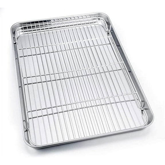 Tutuviw Stainless Steel Bakeware Pan Set Nonstick 16 x 12 x 1 Inch, Oven Baking Pan Cookies Sheet Tray Rack Set, Rust Resistant, Dishwasher Safe