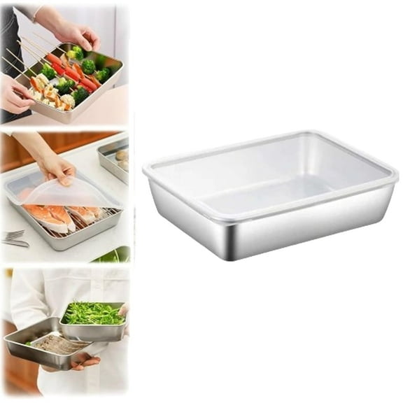 Tutuviw Stainless Steel Rectangle Food Storage Box Container, Metal Food Tray Plate With Clear Lid Food Grade Trayfor Kitchen Leak Clear  Dishwasher Safe(No Lid)