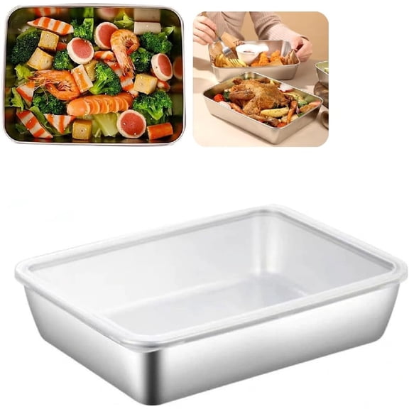 Tutuviw Stainless Steel Square Plate,Food Grade Stainless Steel Tray Rectangle Food Storage Box Container Easy Clean Metal Thickened Microwave Safe Oven Tray(No Lid)