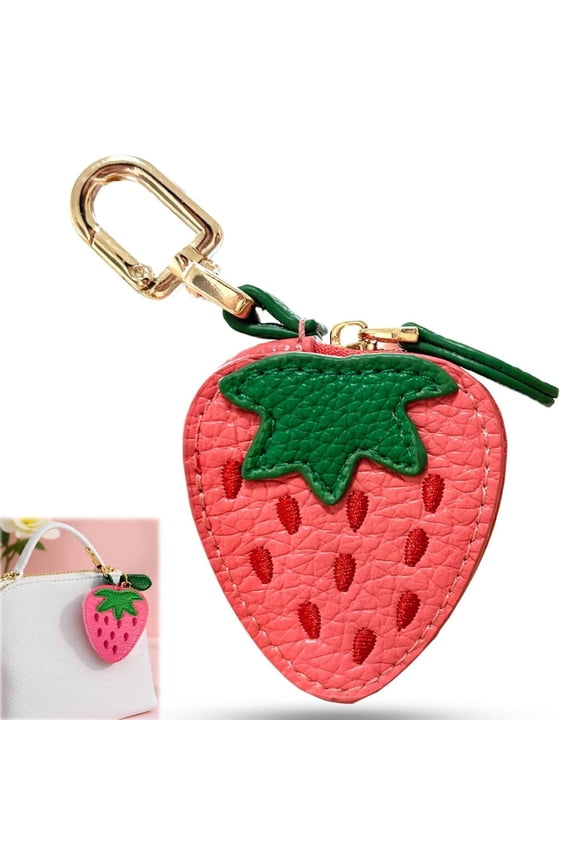 Strawberry Fruit Bag Charm Mini Coin Purse Keychain Cute Leather Zipper Organizer Small Strawberry Change Purse Backpack Decoration Handbag Accessories for Women Girls