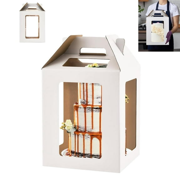 Tutuviw Tall Cake Boxes Tiered Cake Box with Clear Windows and Handle 12 x 18in Tall Cake Carrier,Layer Tall Baking Carrier,Layer Tier Cake Boxes Cake Containers for Birthday Wedding Party Festival