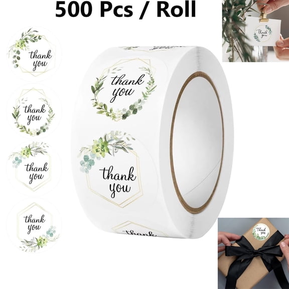 Tutuviw Thank You Stickers Roll,500Pcs Self Adhesive Thank You Stickers,Appreciation Labels,Floral Cute Closure Stickers,Wedding Decoration Labels for Gift Wrap Bag Packaging Envelope Seals (White)