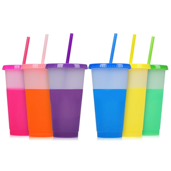 Tutuviw Tumbler with Straw and Lid,Water Bottle Iced Coffee Travel Mug Cup,Reusable Plastic Color Changing Cups Parties,Birthdays,24oz-6 Pack