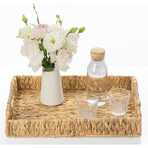 Tutuviw Water Hyacinth Vanity Tray with Handle Wicker Basket Tray Naturals Woven Organizer Baskets 14 x10 x 2.7in Wicker Bathroom Trays Countertop Trays for Kitchen Shelf Dining Table
