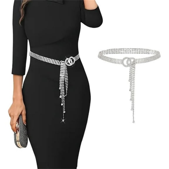 Tutuviw Women’s Belts Crystal Rhinestone Belt Waist Chains Belts with Rhinestone Tassel Waistband Fashion Crystal Ladies Double O-Ring Waist Belt for Jeans Dresses