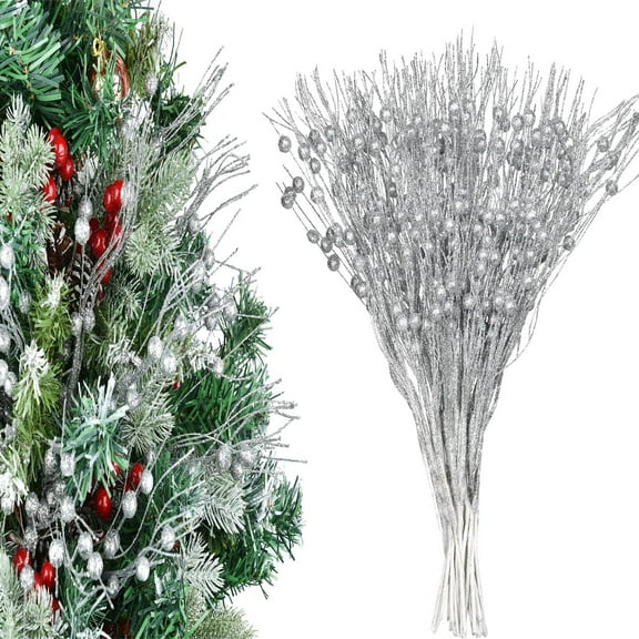Tutuviw12 Pcs 17in Artificial Glitter Berry Stems Christmas Tree Picks Sprays Ornaments Glitter Branches Party Decor Fake Berry Twigs for Crafts DIY Wreath Garland Fireplace Holiday Decor (Silver)
