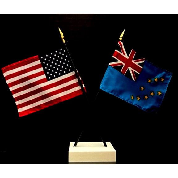 Tuvalu Desk Flag Set; Contains One USA and One Country Flag with a White Crossed Base, American Made
