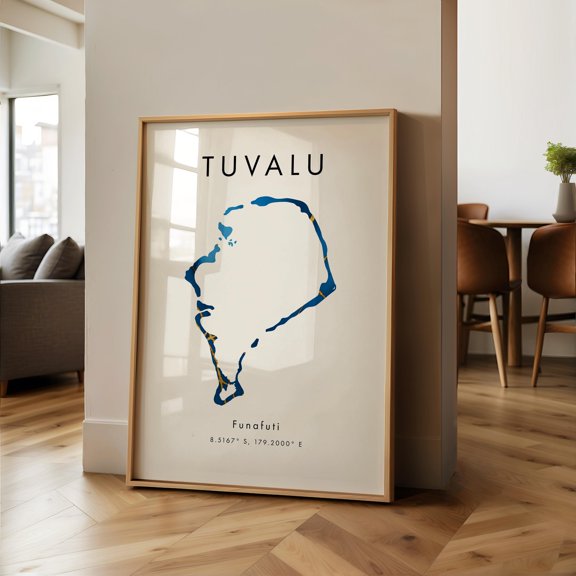 Tuvalu Map PRINTED Poster Blue and Gold Oceania Wall Art Print Home Decor Geography Map Gift Wallpaper