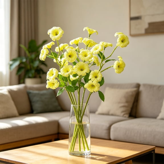 Tuvgenk 15 Inch Artificial Silk Petunia Stalk Yellow Faux Flower for Vase Centerpiece Wedding Home Table Decor