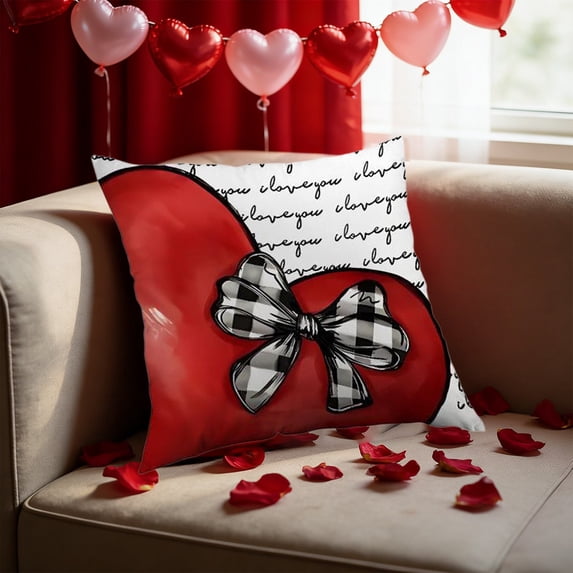 Tuvgenk 18x18 Inch Heart Shaped Print Linen Pillow Cover Set of 1, Valentines Day Decorative Cushion Case with Hidden Zipper