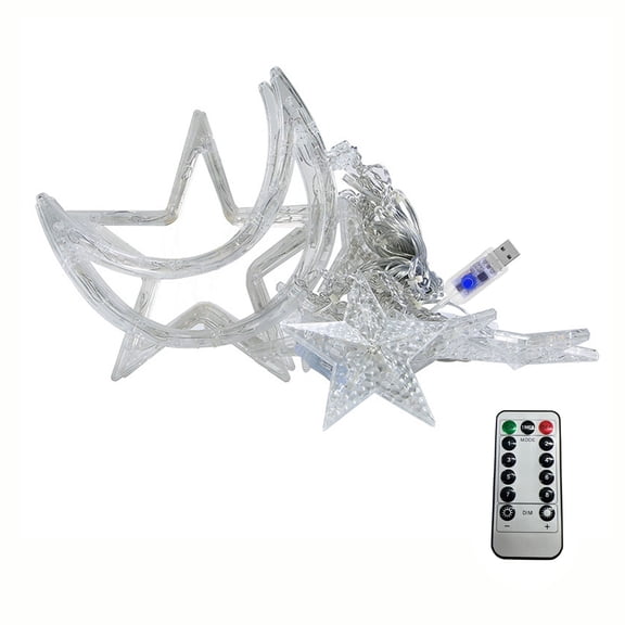 Tuvgenk 3.5m LED Star and Lunar Curtain Lights, Warm White String with Remote Control, USB Powered Ramadan Home Party Holiday Decoration