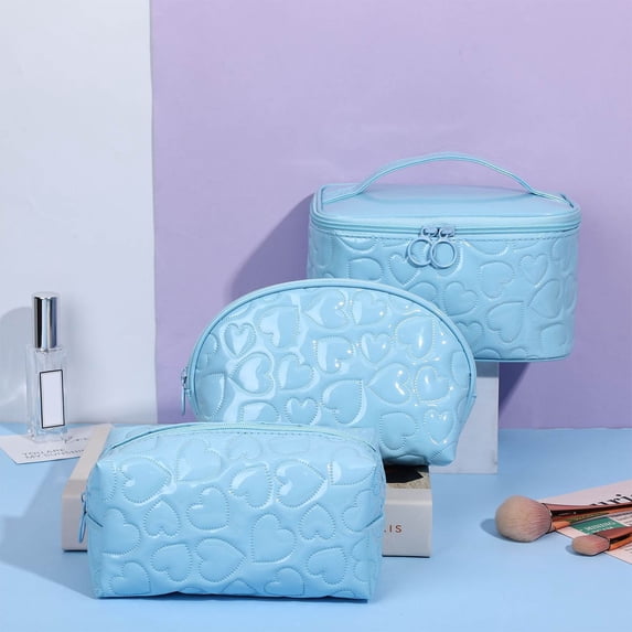 Tuvgenk 3 Pcs PU Leather Makeup Bag Set Portable Travel Cosmetic Organizer with Zipper Handle Multi-Purpose Toiletry Storage Bags for Women Daily and Trip Use