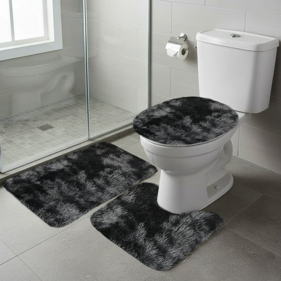 Tuvgenk 3 Piece Bath Mat Set Non Slip Absorbent Toilet Rug Bathroom U Shaped Large Black Area Rug for Shower