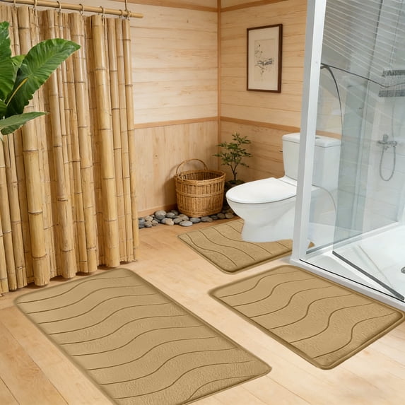 Tuvgenk 3 Piece Bathroom Rug Set Non Slip Water Absorbing Toilet Rugs U Shaped Tan Bathroom Large Floor Mat for Tub