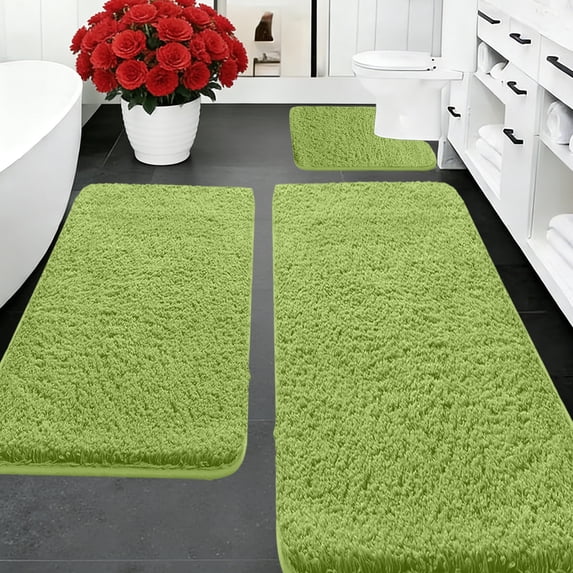 Tuvgenk 3 Piece Bathroom Rug Set Water Absorbing Non Slip Bath Mat Set Green Bathroom Mats and Rugs for Shower(47x16 inch,24x16 inch,20x16 inch)