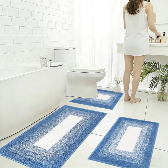 Tuvgenk 3 Piece Bathroom Rug Set Water Absorbing Non Slip Bath Rug Set Washable Large Bath Mat Set for Bathroom Floor(Blue,47x16,24x16,20x16 inch)