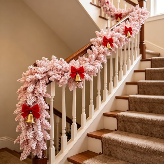 Tuvgenk 5.9FT Pink Flocked Artificial Pine Garland Flexible PVC Christmas Mantel Stair Railing Greenery Decor