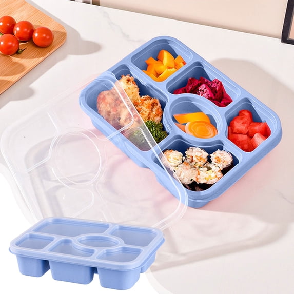 Tuvgenk 6-Compartment Wheat Straw Lunch Box with Clear Lid,Meal Prep Containers for Snacks,Leakproof Bento Box for Portion Control,Blue