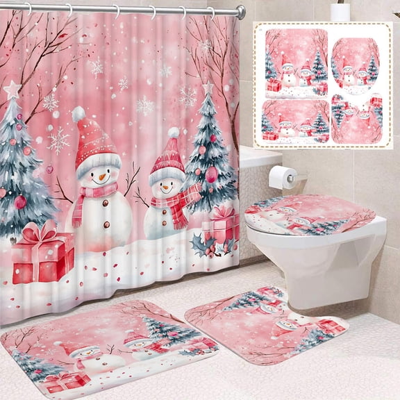 Tuvgenk 70.8x70.8in Plastic Shower Curtain Tree, Snowman Pink Shower Curtain Set Washable Decor Soft
