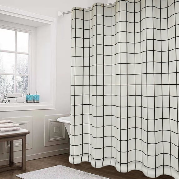 Tuvgenk 70.9x47.2in Plastic Shower Curtain Grid Gray Bathroom Curtain Waterproof Washable Decor Durable Rings