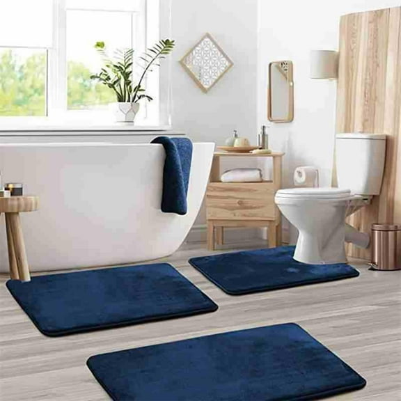 Tuvgenk Absorbent Bathroom Rugs Sets 3 Piece Quick Dry Non Slip Bath Mat Set 2'X3', 1'X2', 1'X2' U Shaped Navy Blue Large Toilet Contour Rug