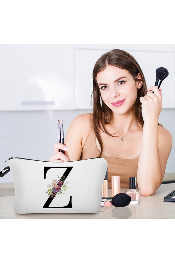 All-Purpose Letter Makeup Bag Cloth Golden Initial Print Portable Cosmetic Pouch Organizer Daily Travel