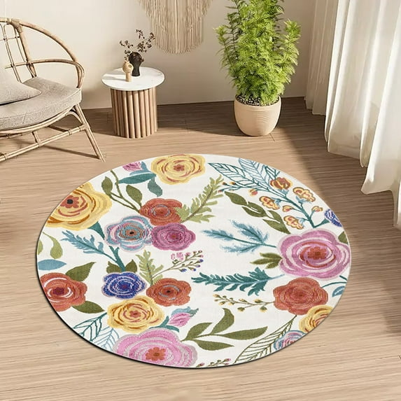 Tuvgenk Area Rug Living Room Non Slip Floral Accent Rugs Round Bedroom Washable 3×3 Floor Mat