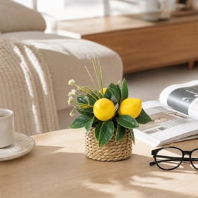 Tuvgenk Artificial Lemon Arrangement in Woven Basket 5.5 Inch Farmhouse Tabletop Decor for Kitchen Counter Centerpiece