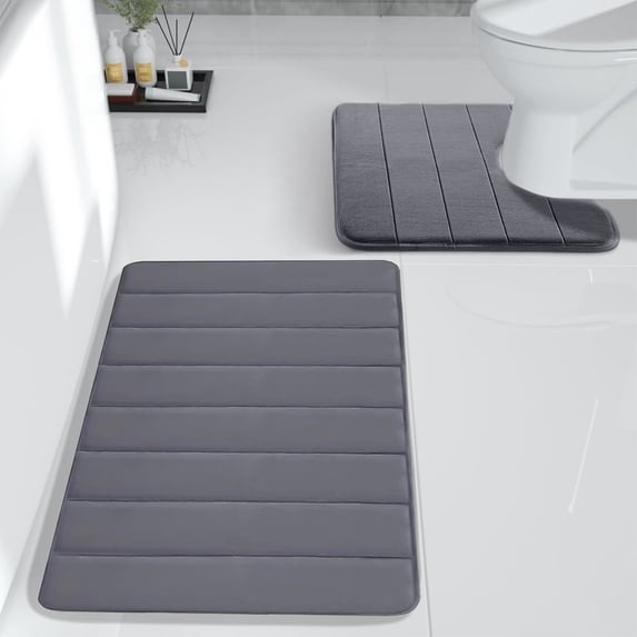 Tuvgenk Bath Mat Set Absorbent Non Slip 2 Piece Toilet Rugs Dark Gray Bathroom U Shaped Large Area Rug for Tub