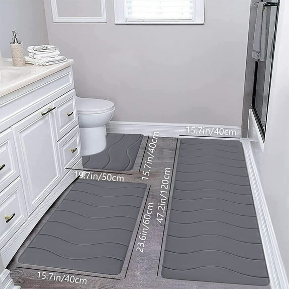 Tuvgenk Bath Mat Set Non Slip Water Absorbing 3 Piece Toilet Rugs Bathroom U Shaped Dark Gray Long Area Rug for Tub