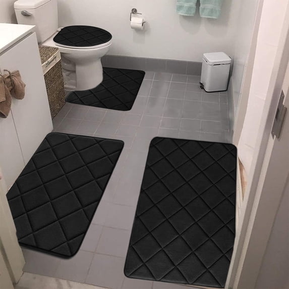 Tuvgenk Bathroom Rug Set Non Slip Absorbent 4 Piece Toilet Rugs U Shaped Large Black Bathroom Floor Mats for Shower