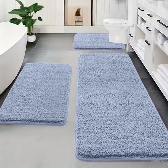 Tuvgenk Bathroom Rug Set Water Absorbing Non Slip 3 Piece Toilet Rug Rectangle Blue Large Bathroom Floor Mats for Shower