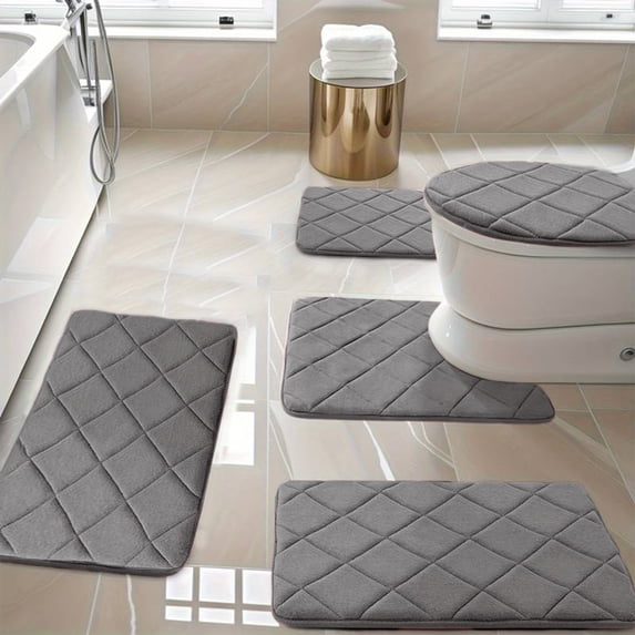 Tuvgenk Bathroom Rug Sets with Toilet Cover Dark Gray Non-Slip 5 Piece Bath Rugs Sets for Bathroom Floor U Shaped Machine Washable Quick Dry Water Absorbing Floor Mats for Home